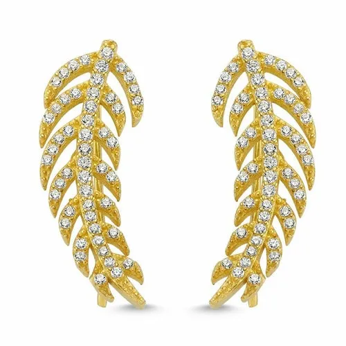Sterling Silver Feather Ear Cuffs & Climber Earrings - Handmade, CZ Crystals, 18K Gold Plated
