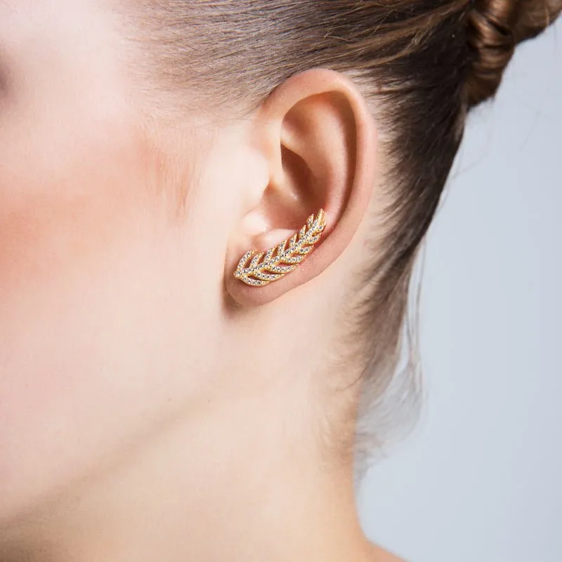 Sterling Silver Feather Ear Cuffs & Climber Earrings - Handmade, CZ Crystals, 18K Gold Plated