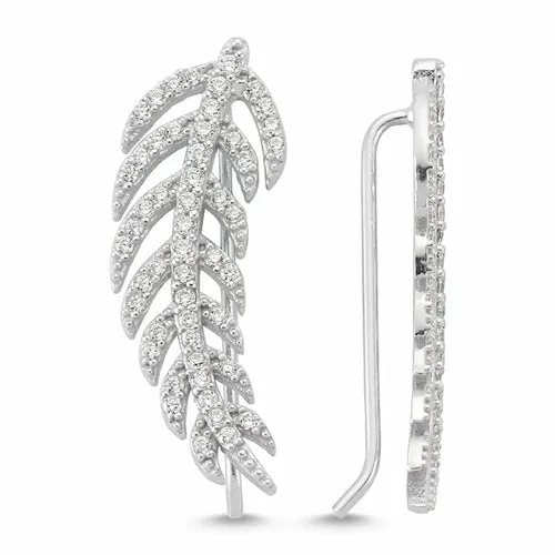 Sterling Silver Feather Ear Cuffs & Climber Earrings - Handmade, CZ Crystals, 18K Gold Plated