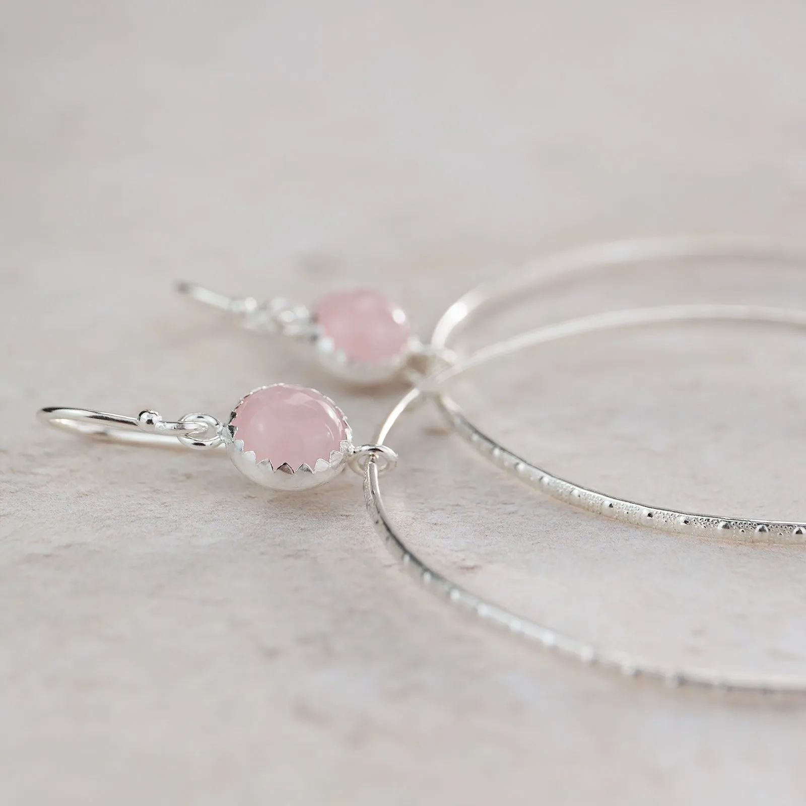 Sterling Silver Gemstone Dot Hoop Earring Rose Quartz