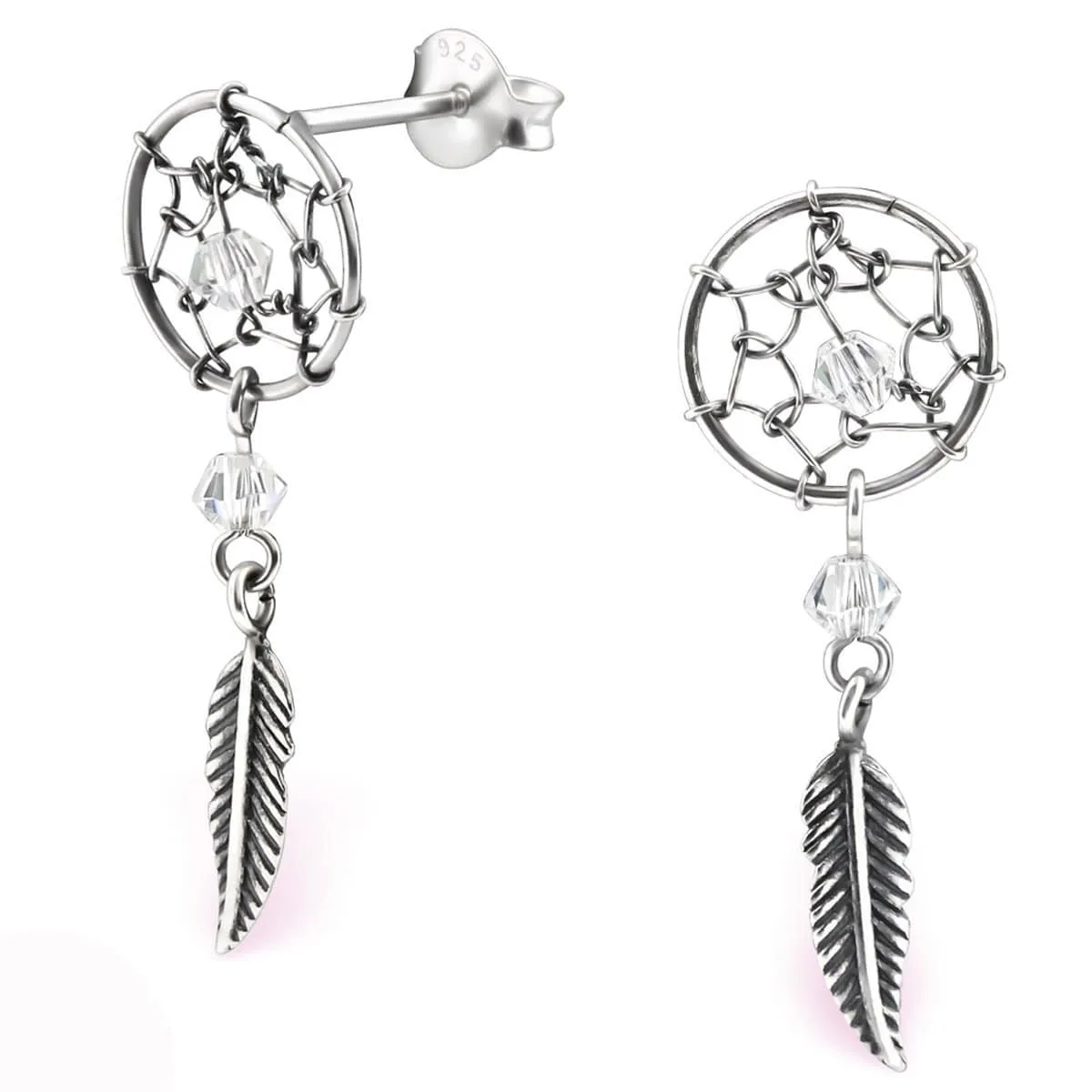 Sterling Silver Hanging Feather Stud Earrings