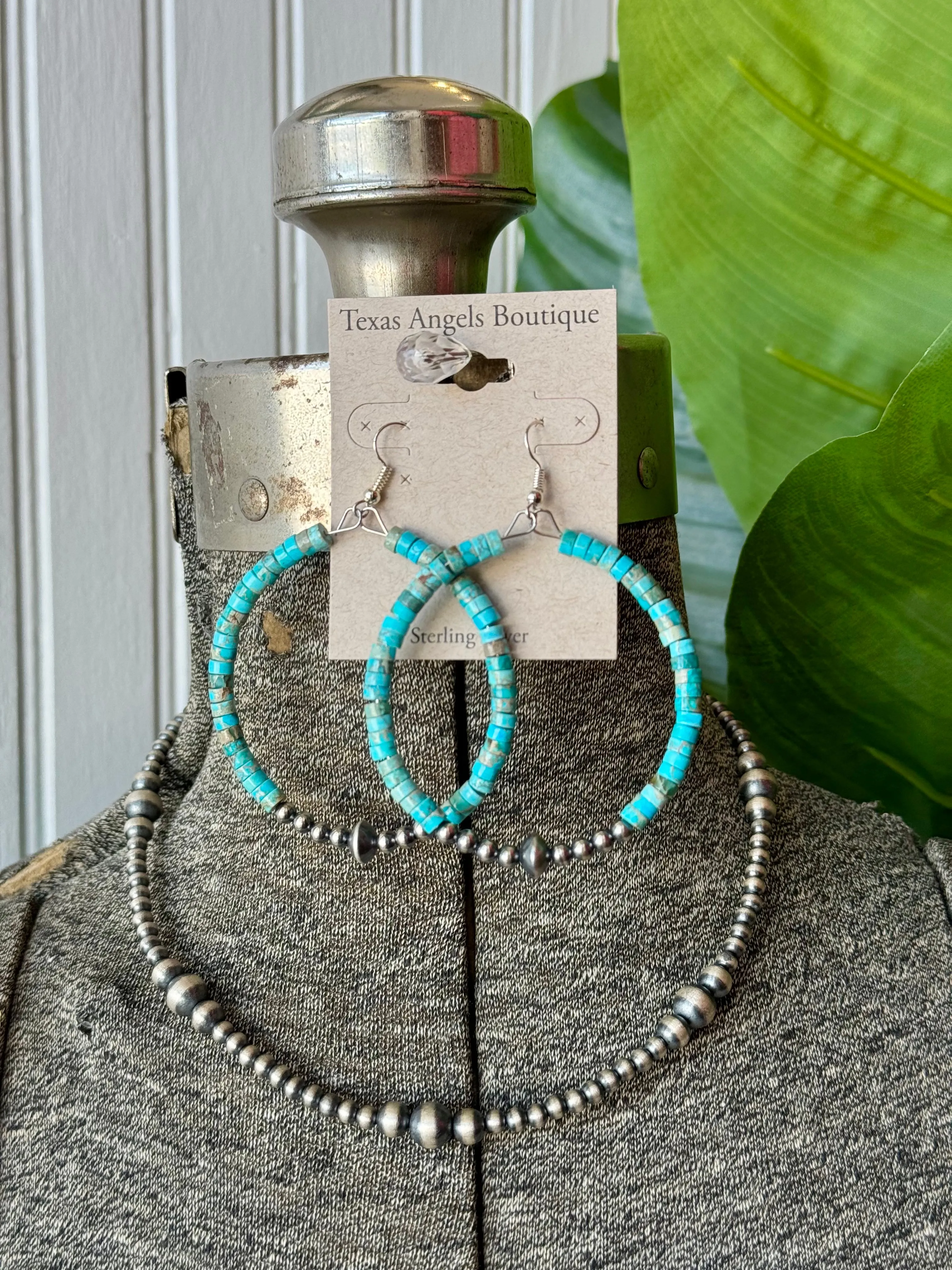 Sterling Silver Navajo Pearls & Genuine Turquoise Hoops