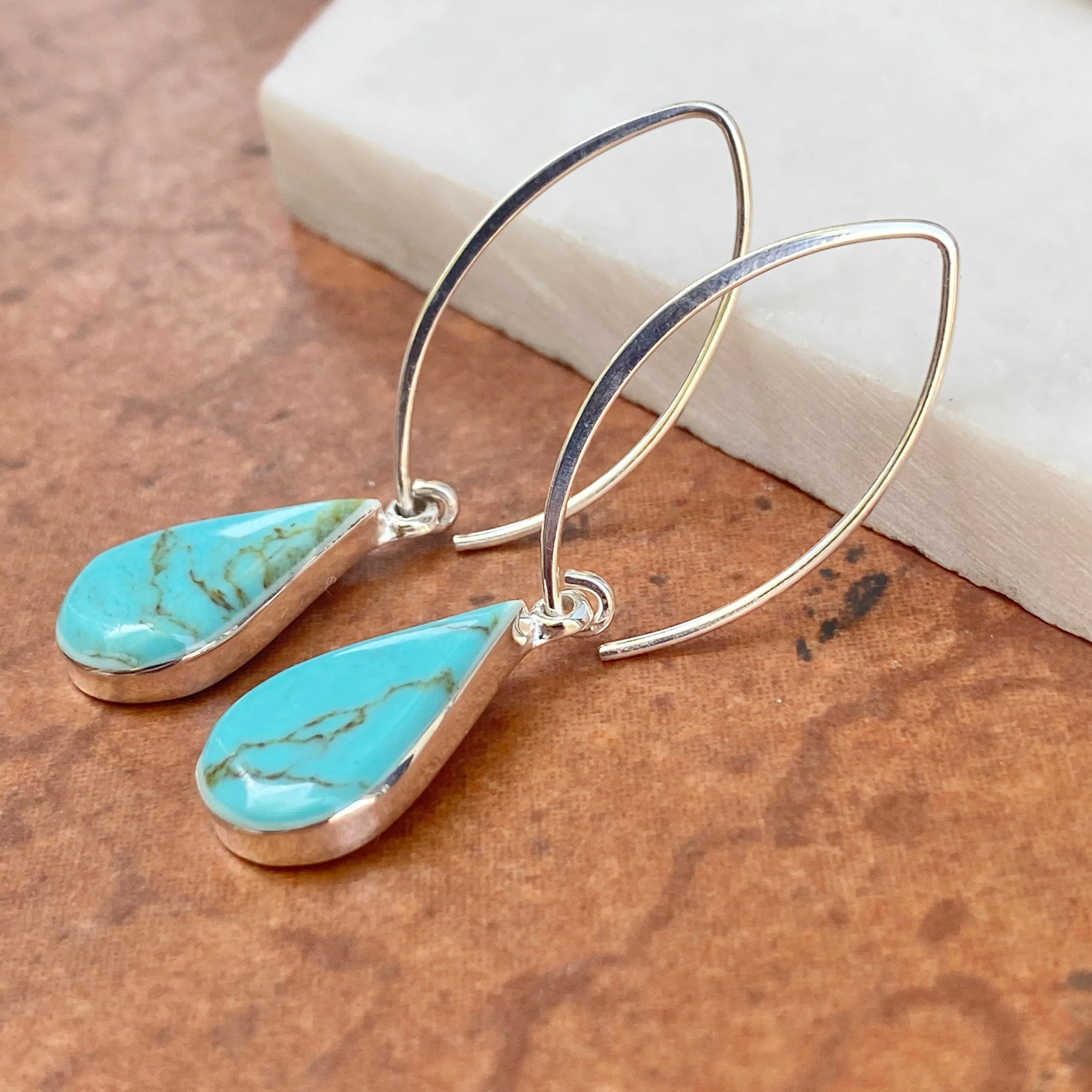 Sterling Silver Pear-Shaped Turquoise Marquise-Shaped Ear Wire Earrings