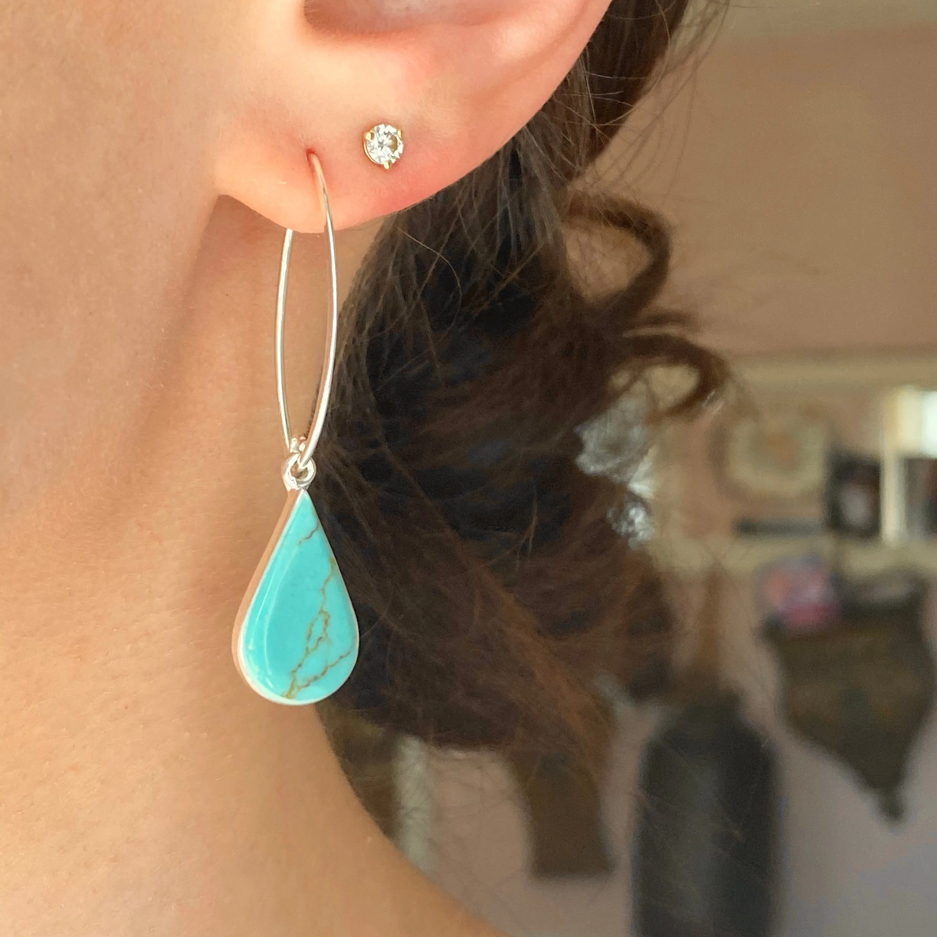 Sterling Silver Pear-Shaped Turquoise Marquise-Shaped Ear Wire Earrings