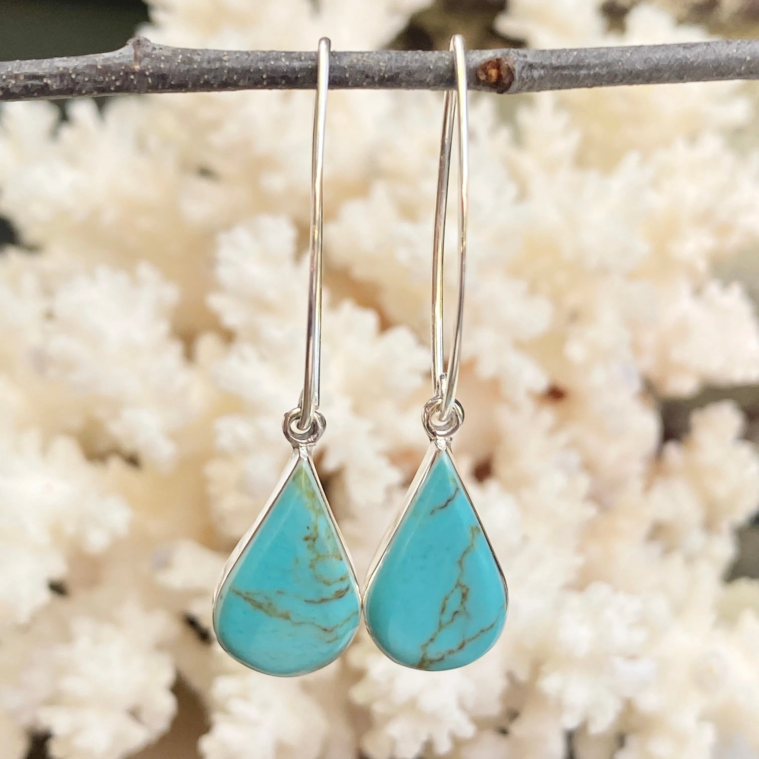 Sterling Silver Pear-Shaped Turquoise Marquise-Shaped Ear Wire Earrings