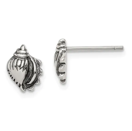 Sterling Silver Polished and Antiqued Sea Shell Post Earrings