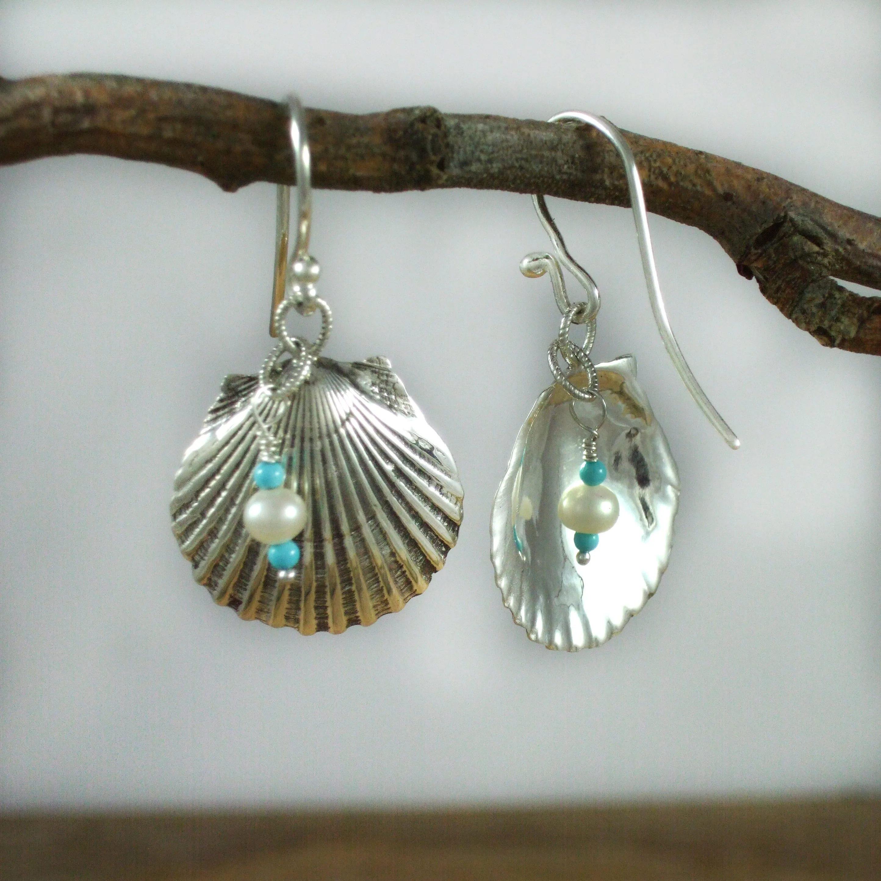Sterling Silver Scallop Shell Earrings with Turquoise and Pearl
