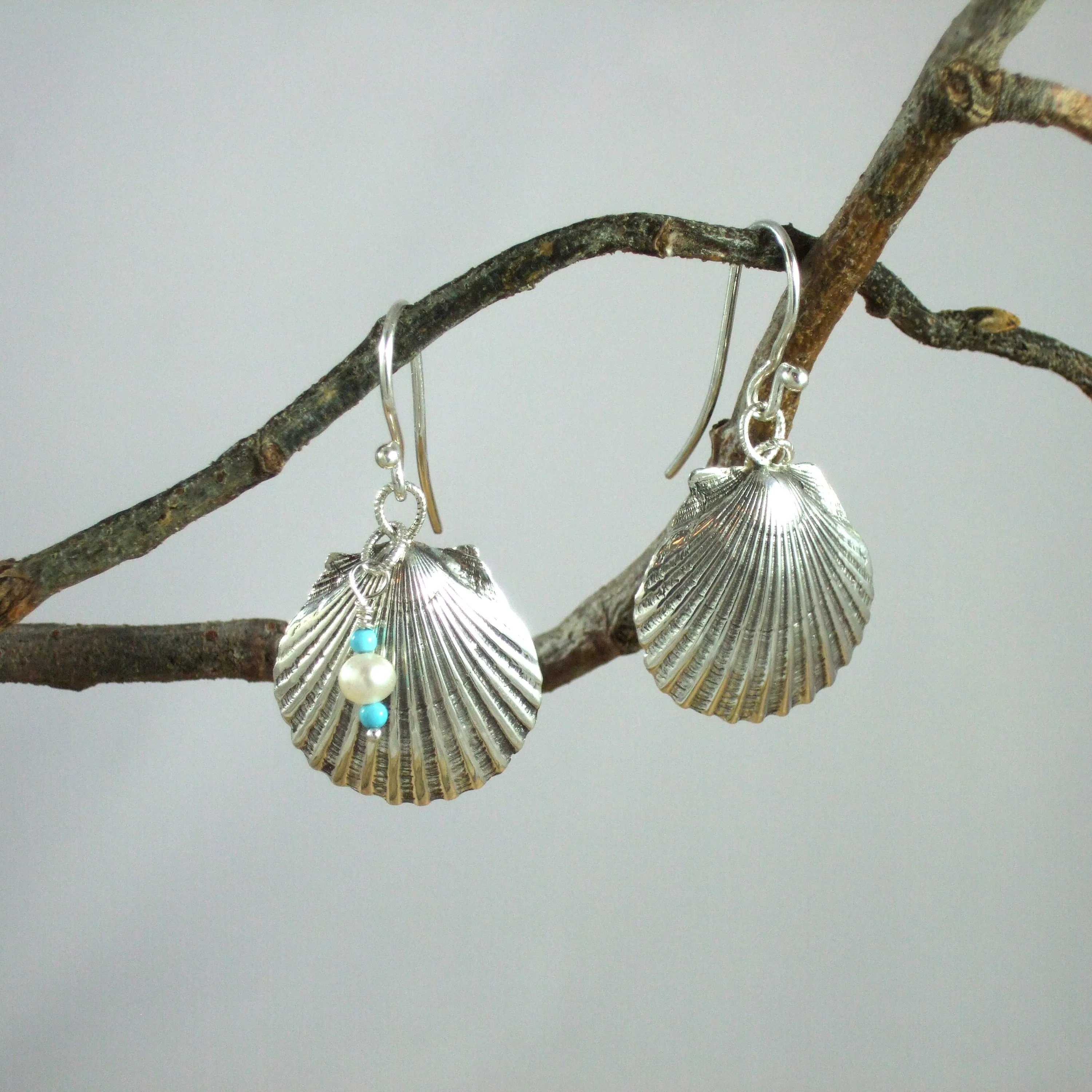Sterling Silver Scallop Shell Earrings with Turquoise and Pearl