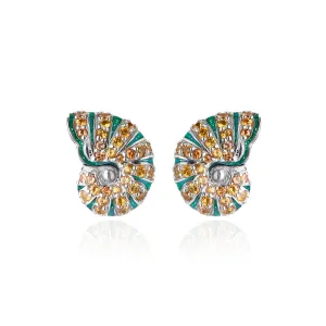 Sterling Silver Shell Earrings with Green Glitter Enamel & Orange Sapphires