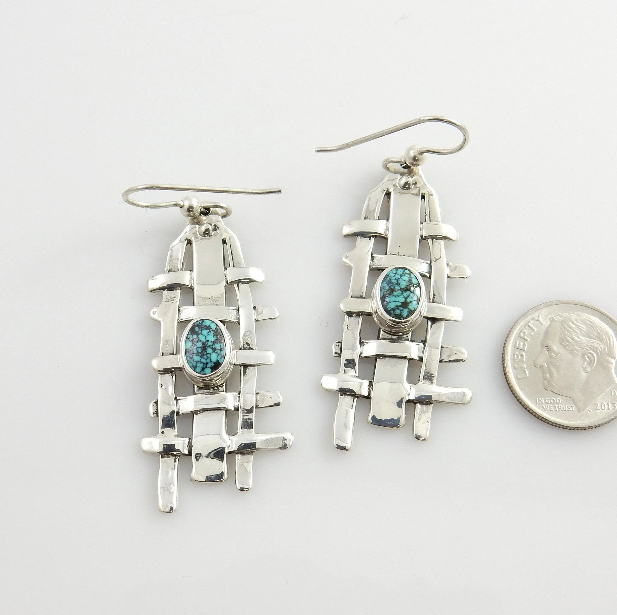 Sterling Silver Spiderweb Turquoise Weave Dangle Earrings
