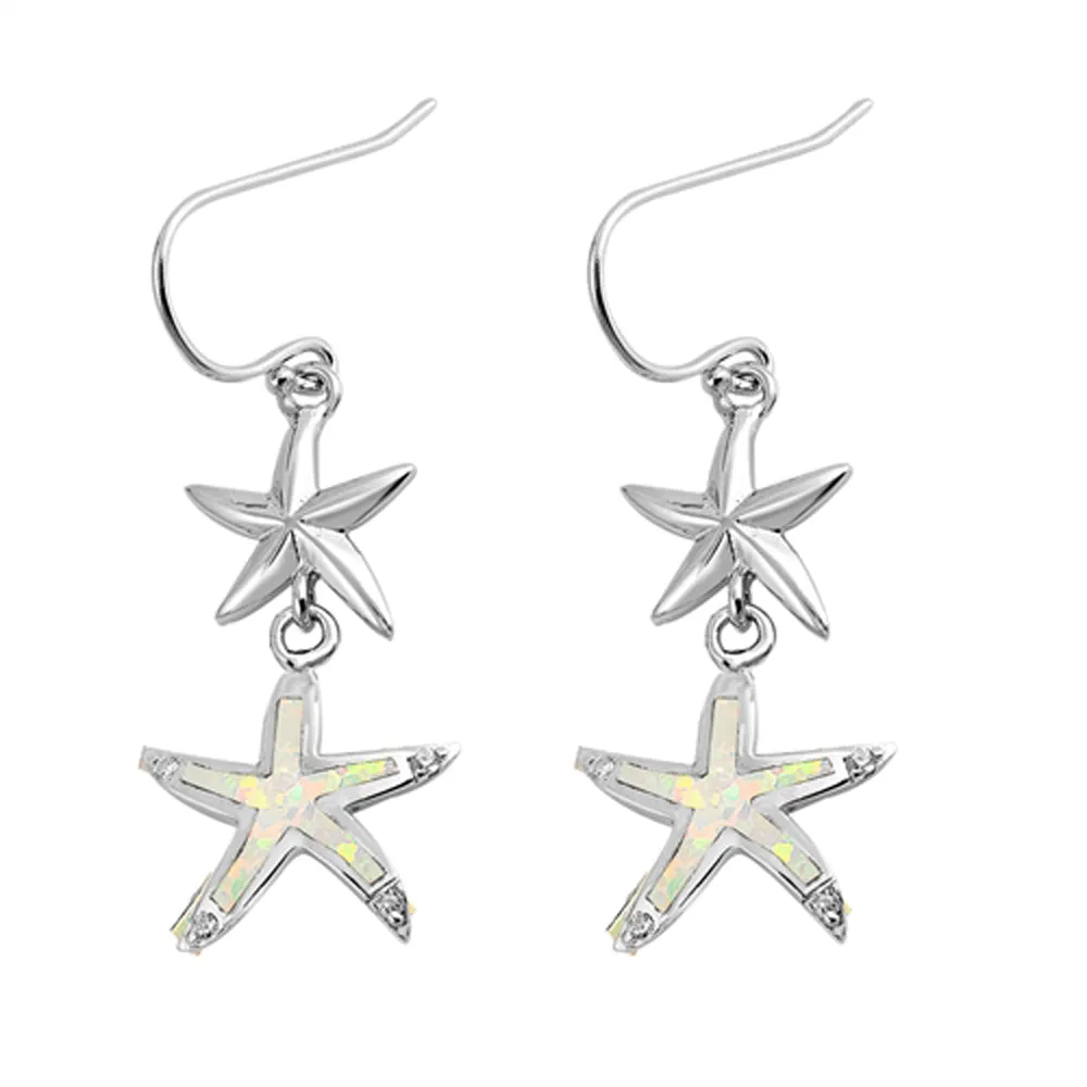 Sterling Silver Starfish Sea Star Mosaic Dangle Earrings White Synthetic Opal