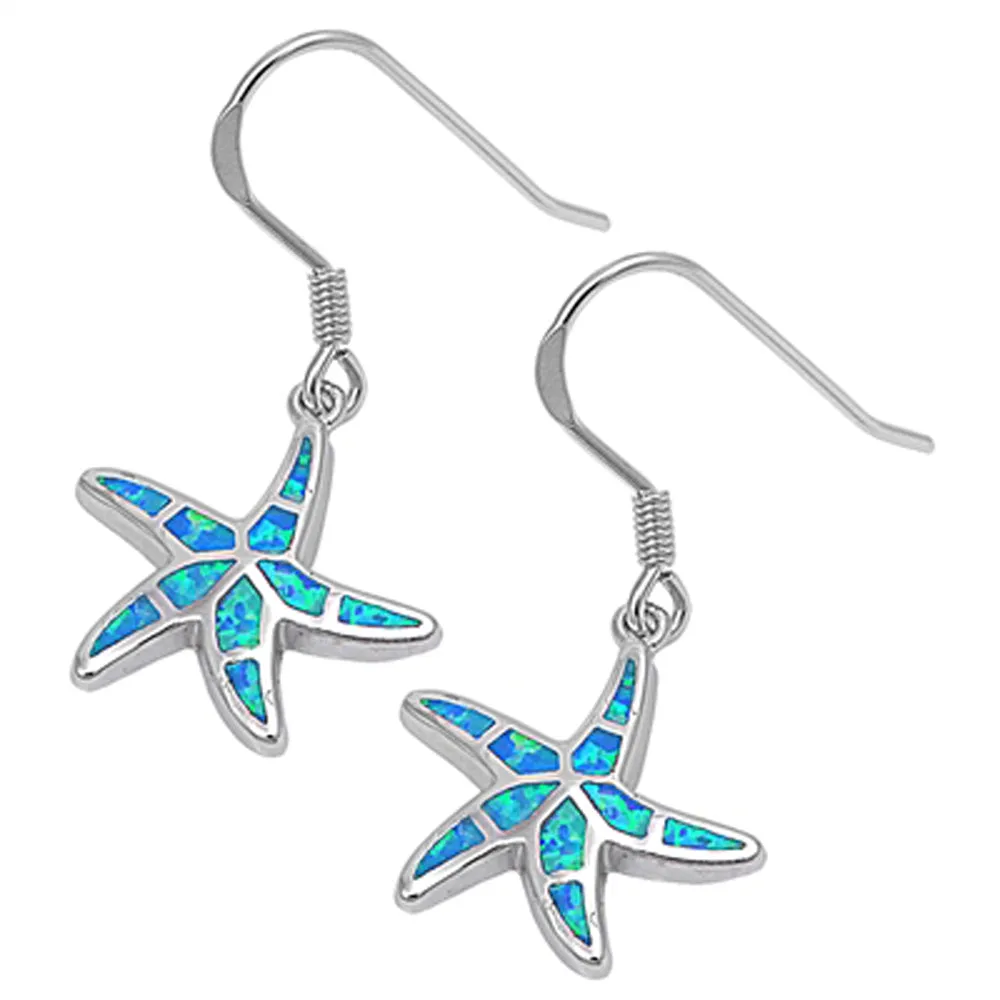 Sterling Silver Starfish Sea Star Ocean Shell Earrings Blue Synthetic Opal 925