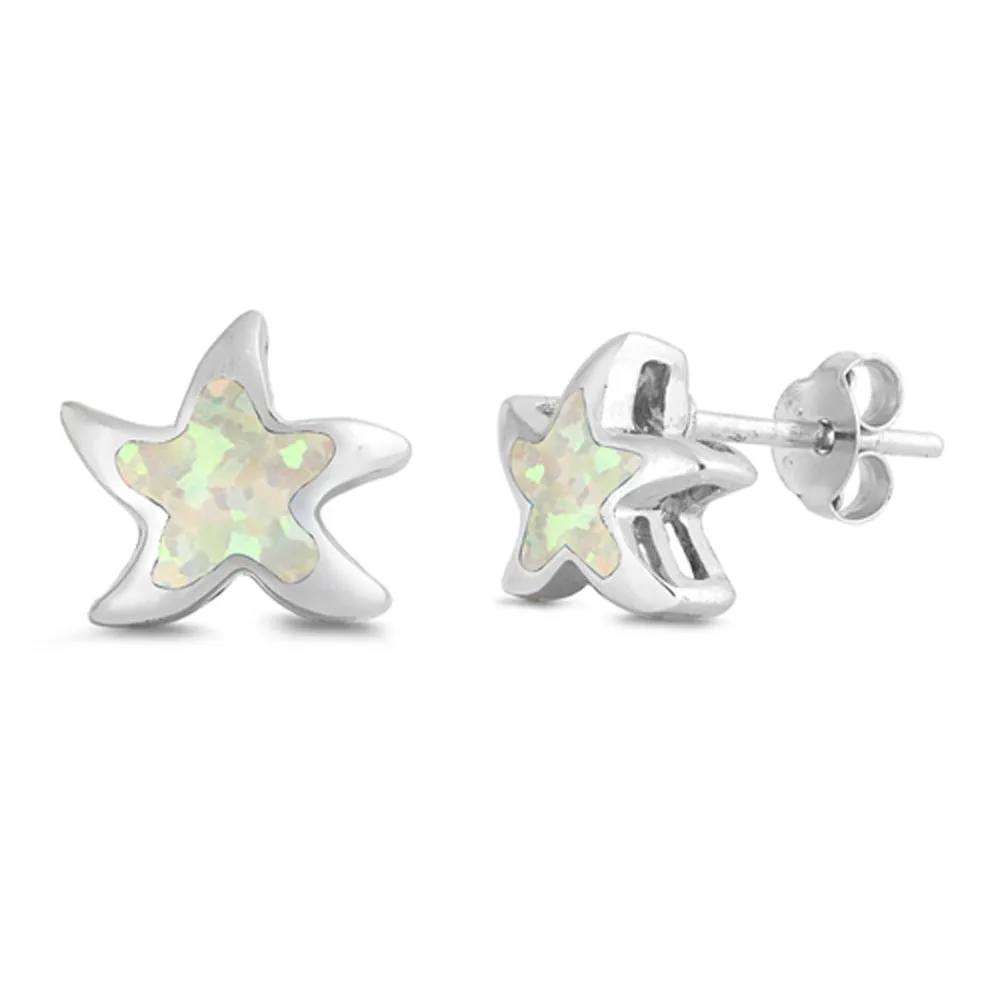 Sterling Silver Starfish Sea Star Ocean Shell White Synthetic Opal Earrings 925