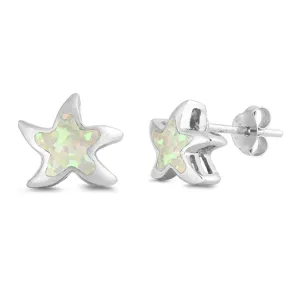 Sterling Silver Starfish Sea Star Ocean Shell White Synthetic Opal Earrings 925