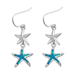 Sterling Silver Starfish Sea Star Shell Beach Earrings Blue Synthetic Opal 925