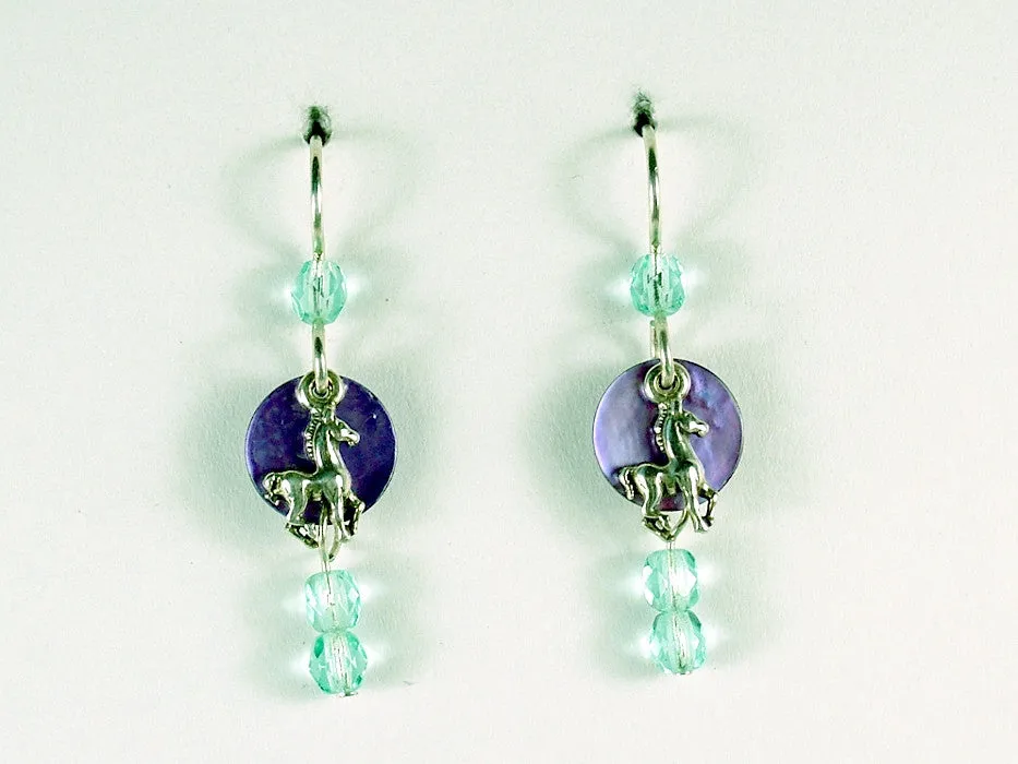 Sterling silver tiny horse dangle earrings-shell, foal, pony, purple, aqua, colt