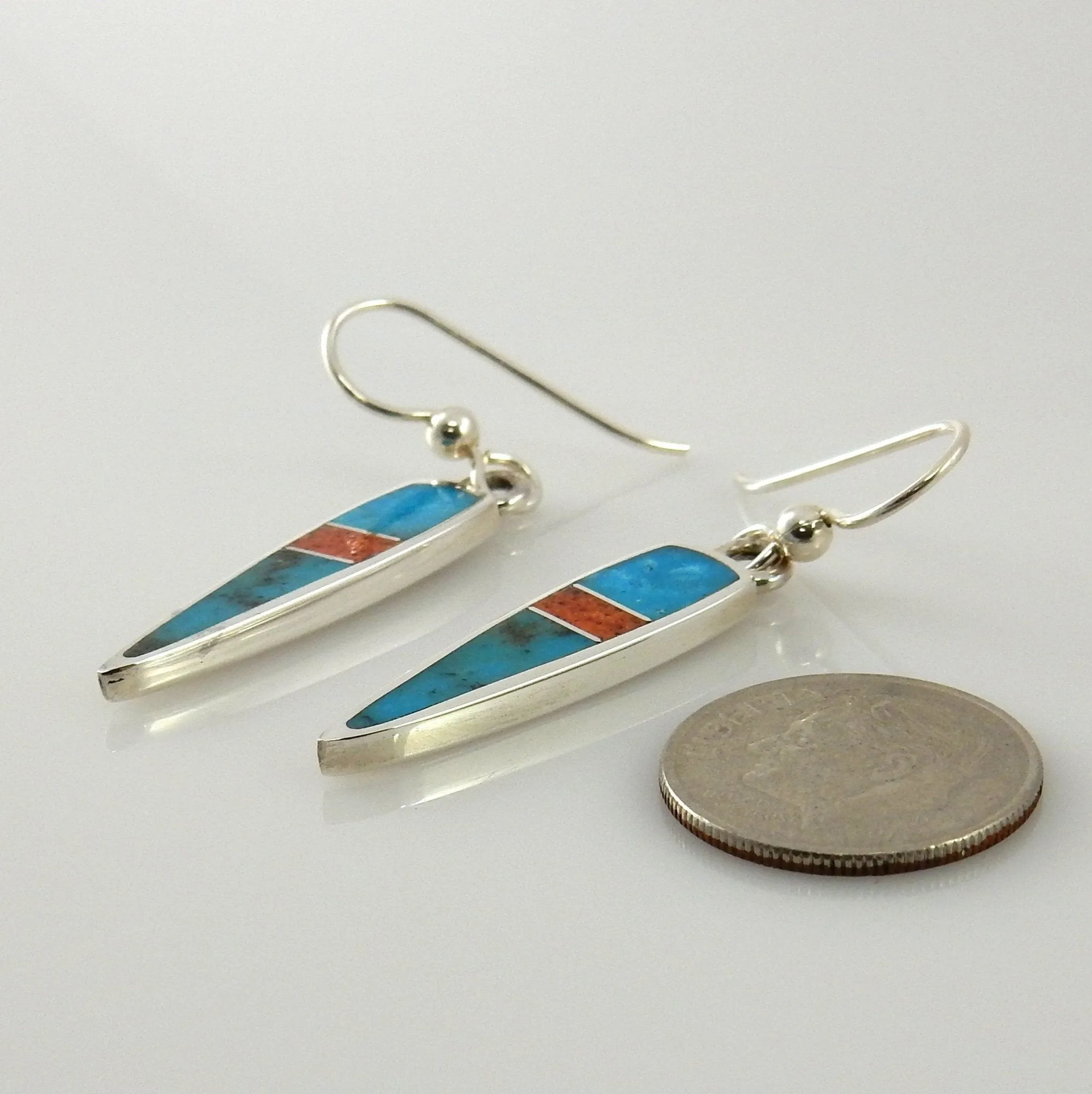 Sterling Silver Turquoise Coral Inlay Dangle Earrings