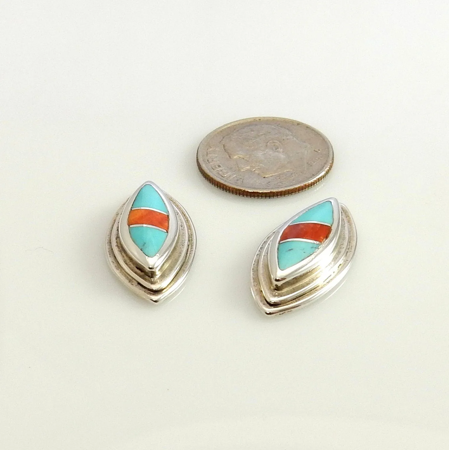 Sterling Silver Turquoise Coral Inlay Post Earrings