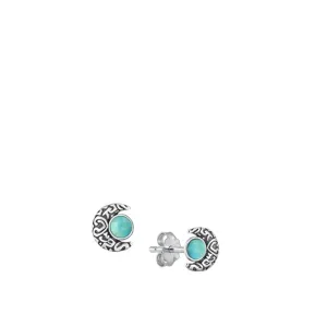 Sterling Silver Unique Turquoise Bali Moon Oxidized Stud Earrings .925 New