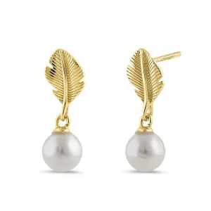 Sterling Silver Yellow Gold Plated Feather with Pearl Dangle Earrings