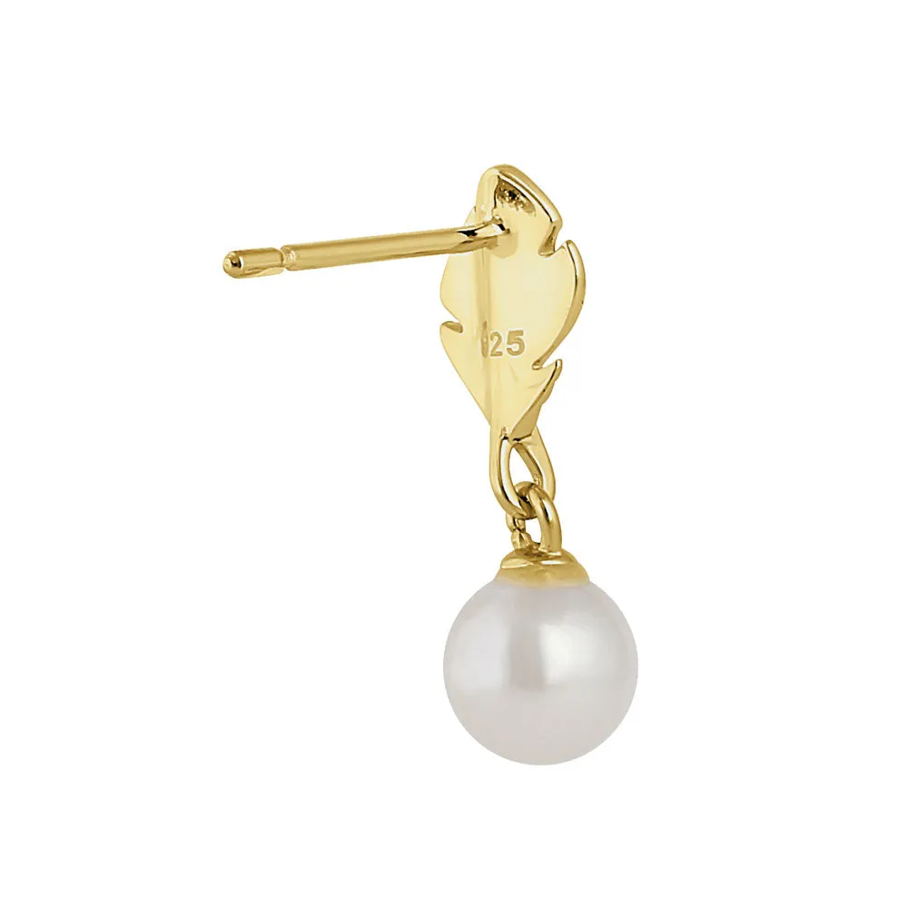 Sterling Silver Yellow Gold Plated Feather with Pearl Dangle Earrings