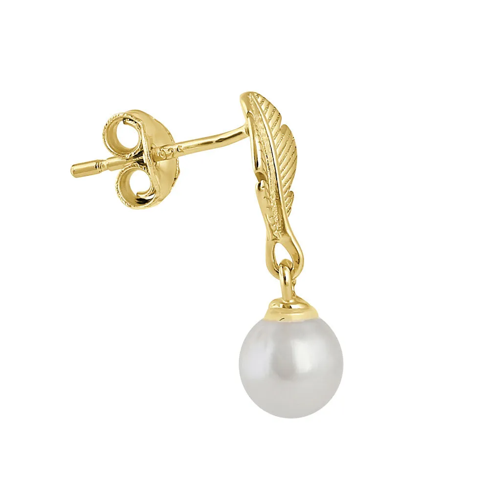 Sterling Silver Yellow Gold Plated Feather with Pearl Dangle Earrings