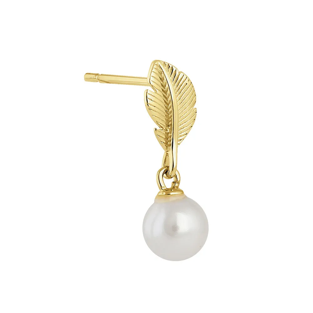 Sterling Silver Yellow Gold Plated Feather with Pearl Dangle Earrings