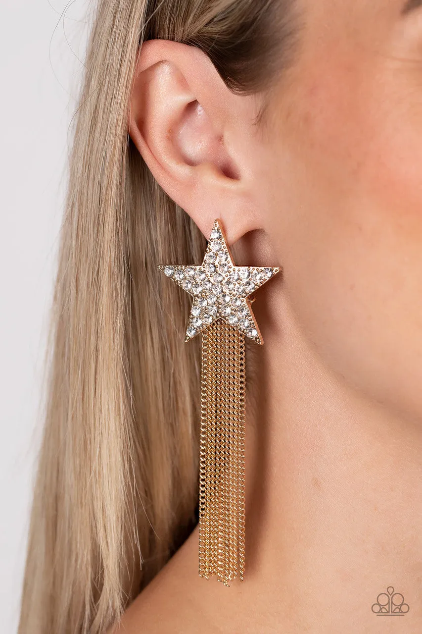 Superstar Solo - Gold - White Rhinestone Encrusted Star Tassel Paparazzi Post Earrings
