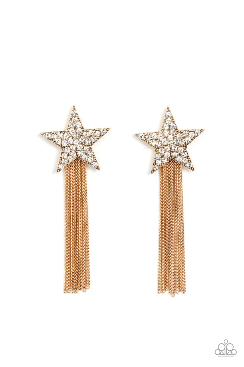 Superstar Solo - Gold - White Rhinestone Encrusted Star Tassel Paparazzi Post Earrings