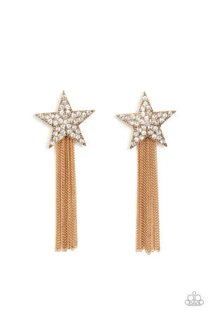 Superstar Solo - Gold - White Rhinestone Encrusted Star Tassel Paparazzi Post Earrings