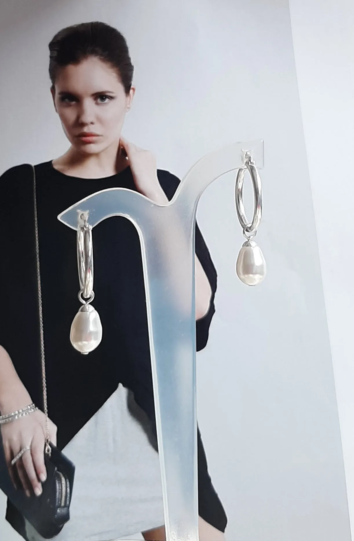 Swarovski crystal pear shaped pearl drop and 20mm sterling silver hoop earrings