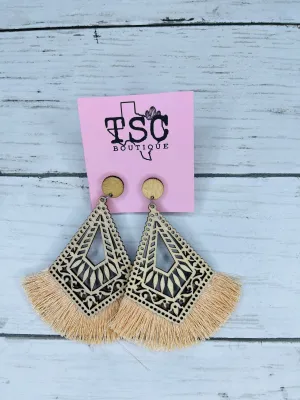 Tan Fringe Wooden Teardrop Earrings