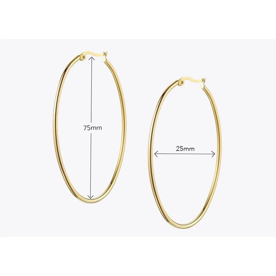Tarnish Resistant Gold Plated Oval Hoop Earrings - 3 Inch Diameter