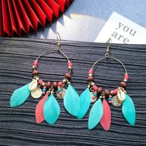 Tassel gold circle feather earrings