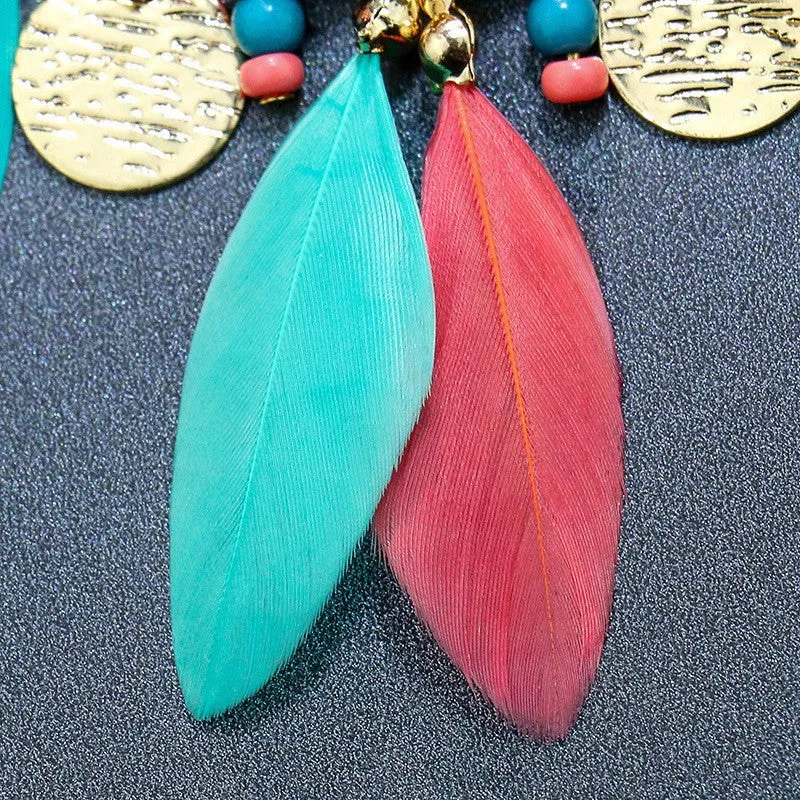 Tassel gold circle feather earrings