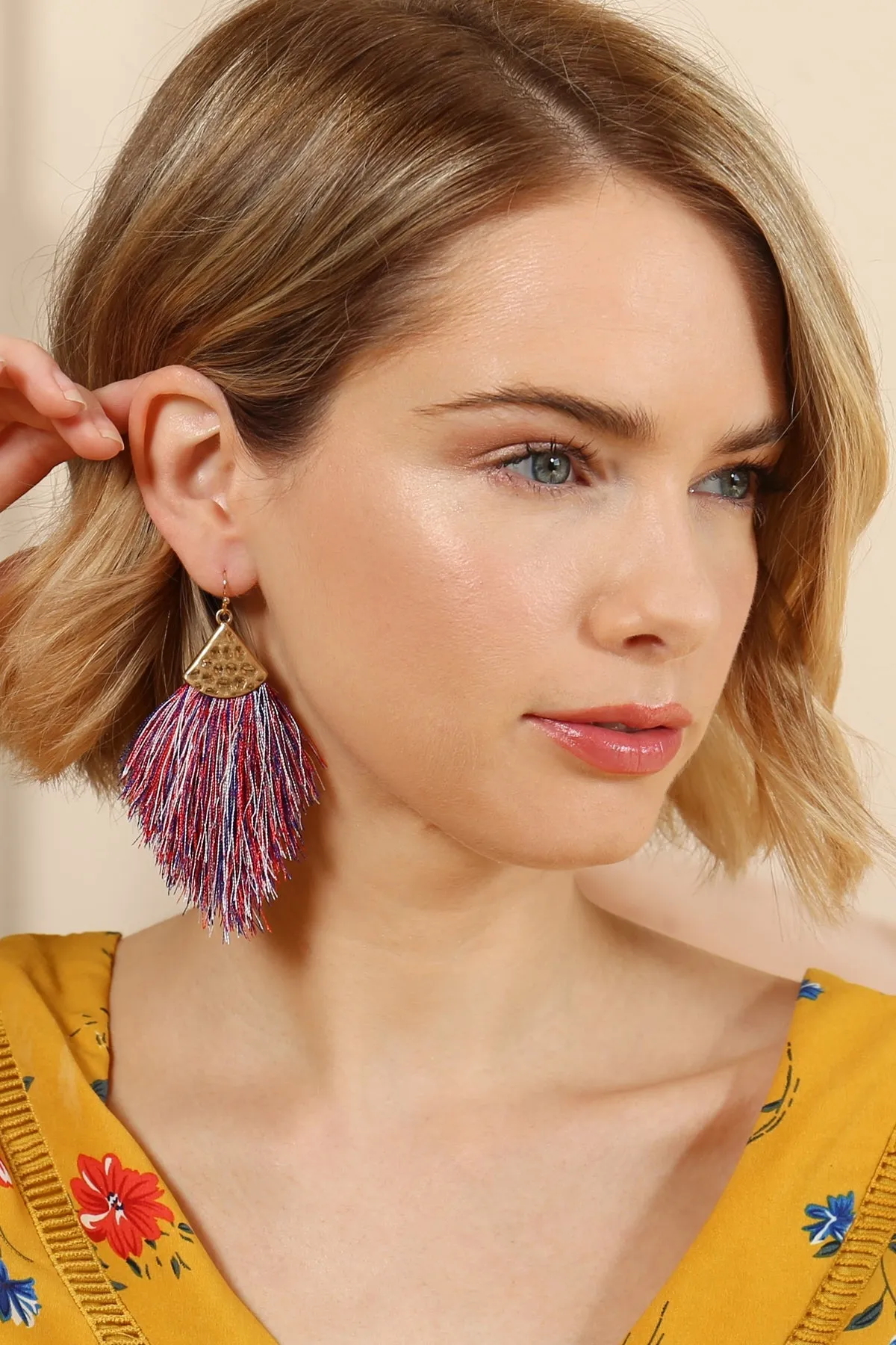 TASSEL WITH HAMMERED METAL HOOK DROP EARRINGS