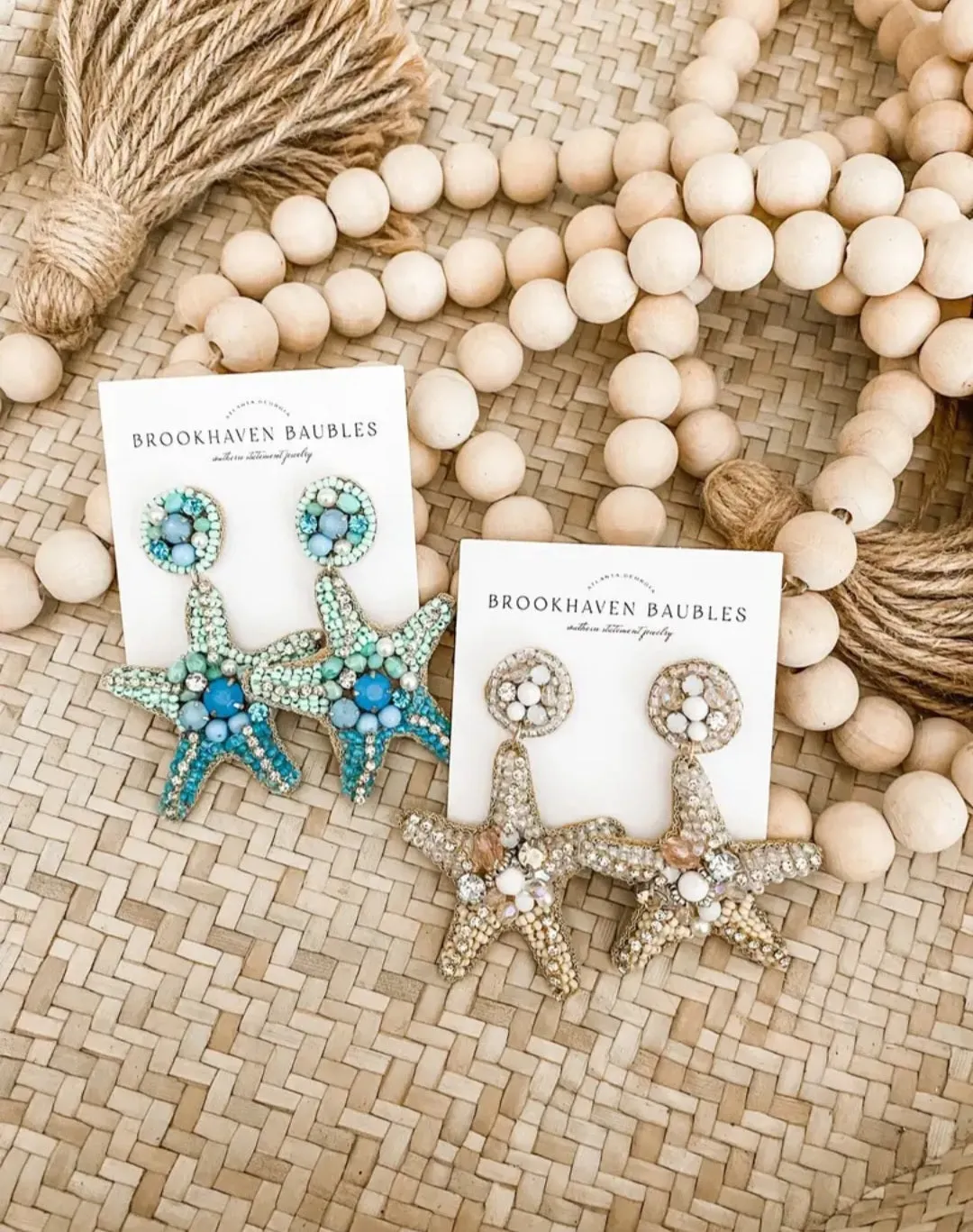 Teal Blue  Starfish Crystal Beaded Statement Earrings