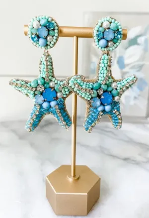 Teal Blue  Starfish Crystal Beaded Statement Earrings