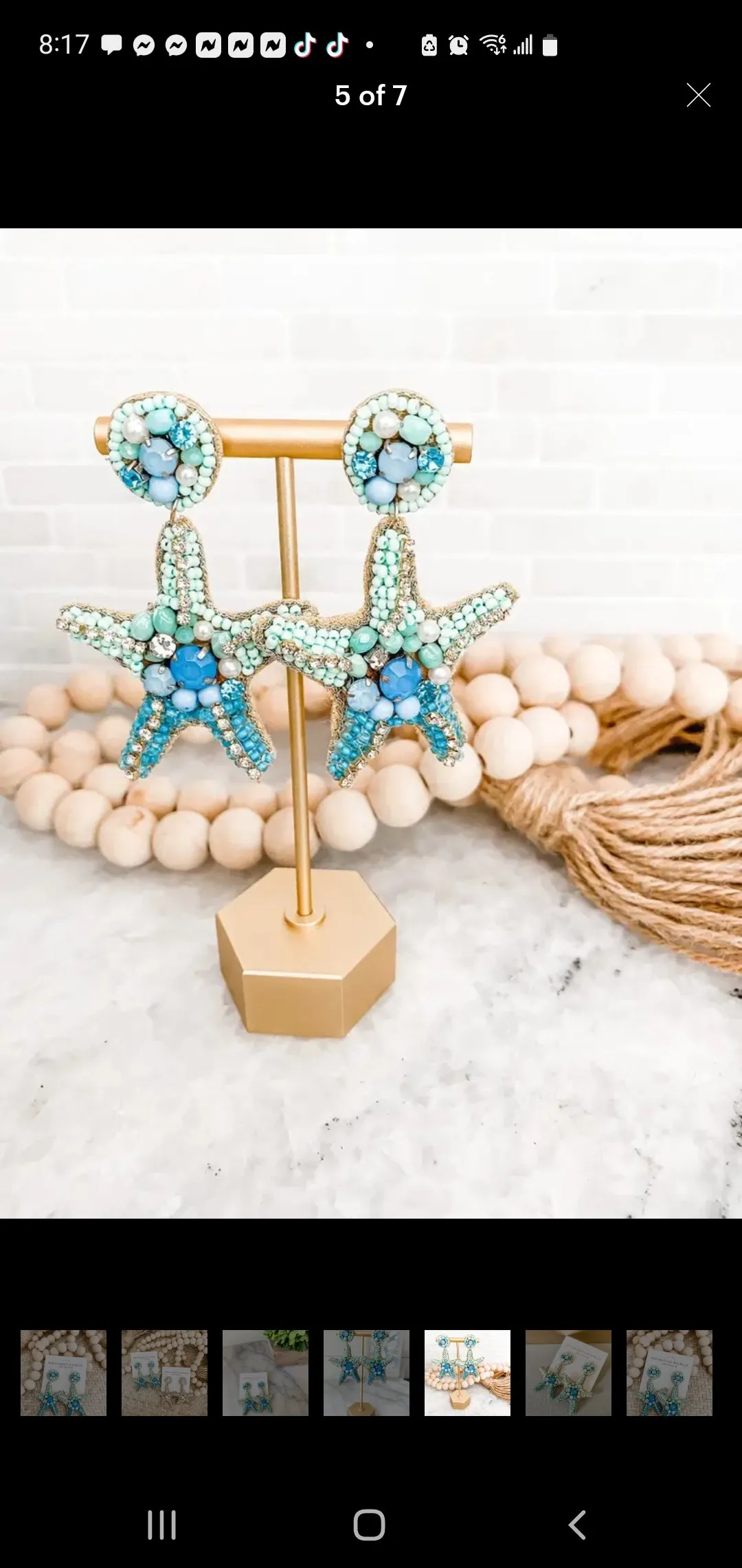 Teal Blue  Starfish Crystal Beaded Statement Earrings