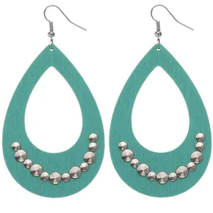 Teal Blue Wooden Large Teardrop Studded Earrings