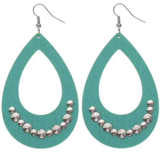 Teal Blue Wooden Large Teardrop Studded Earrings