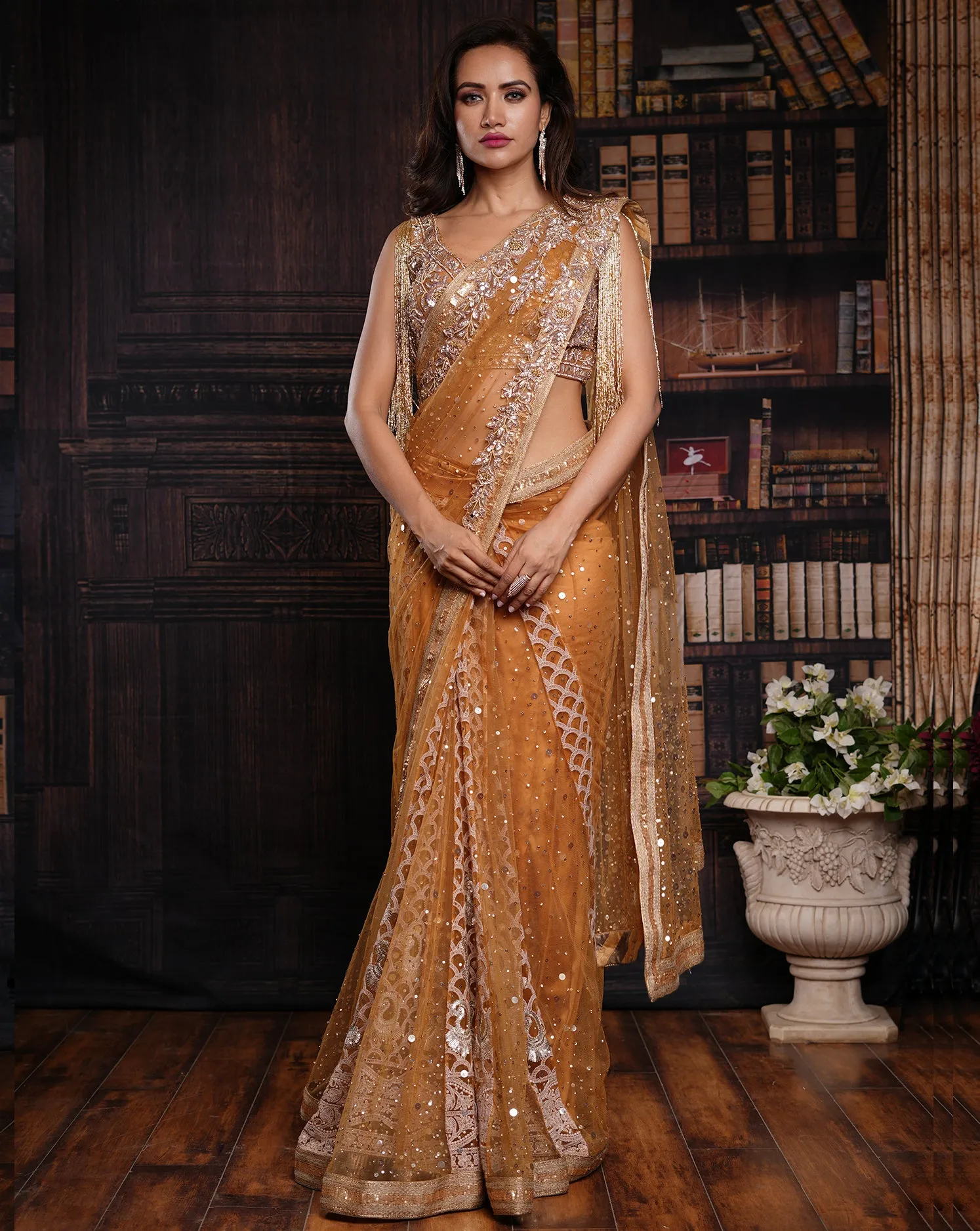The Tassel Gold Lucknowi Sari