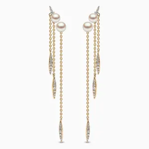 Trend 18K Gold Freshwater Pearl and Diamond Feather Chain Earrings