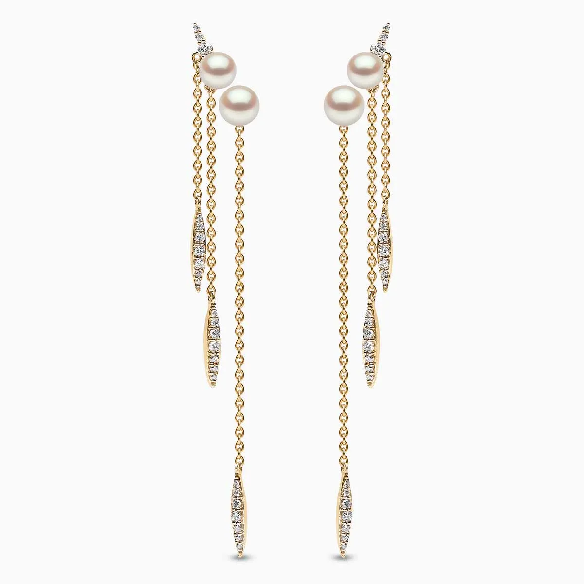 Trend 18K Gold Freshwater Pearl and Diamond Feather Chain Earrings