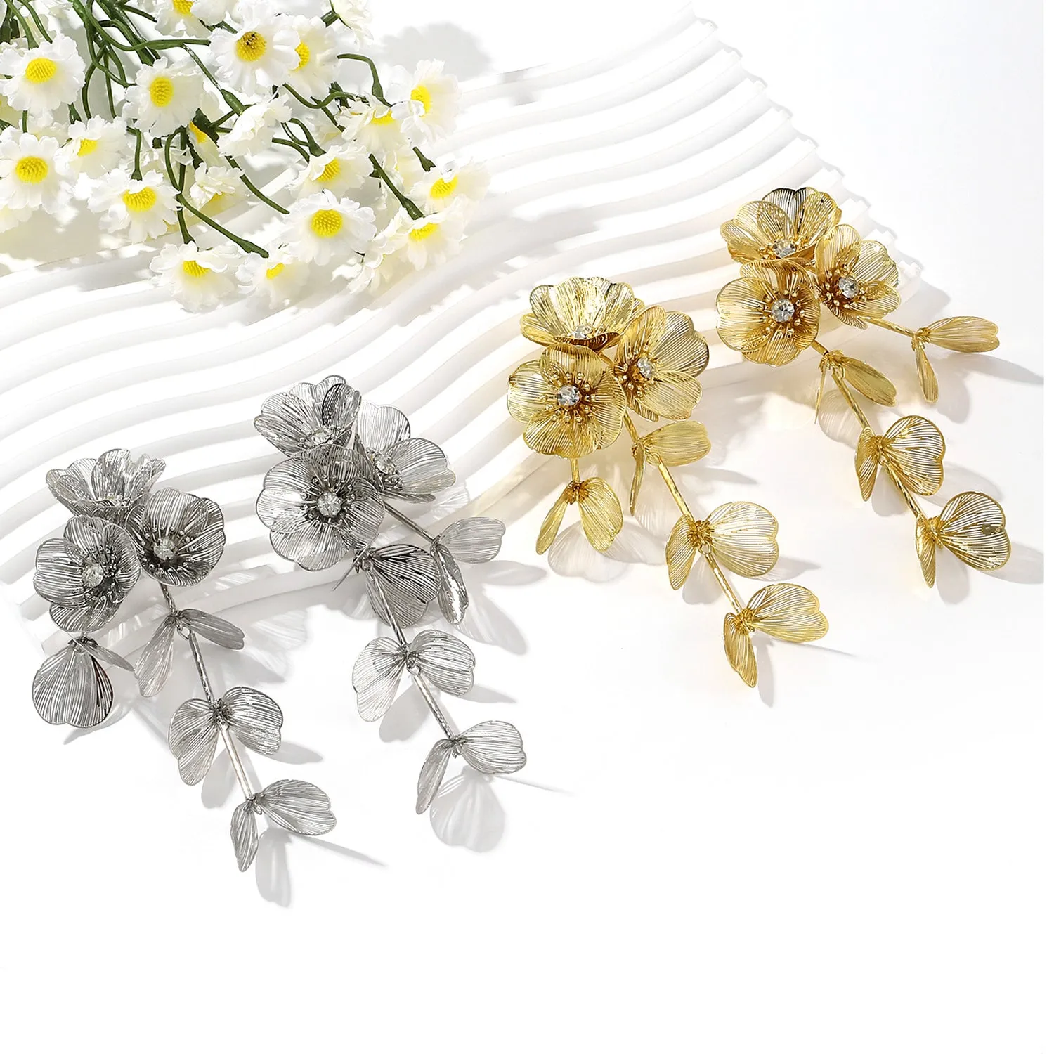 Trendy Rhinestone Flower Tassel Earrings