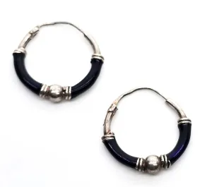 Tribal Balinese small petite dark blue sterling silver internal thread vintage hoop earrings