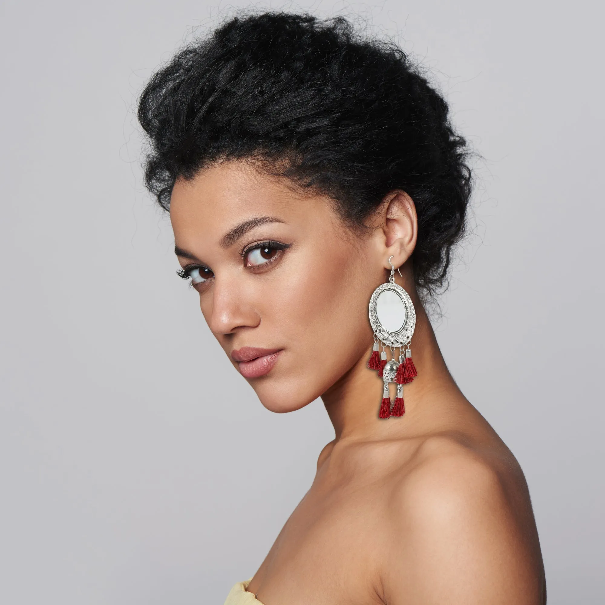 Tribal Maroon Tassel Earrings