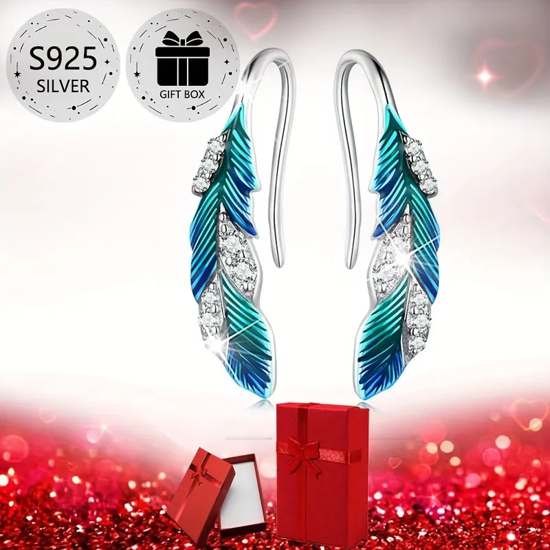 Tribal Style 925 Silver Stud Earrings with Feather Zirconia