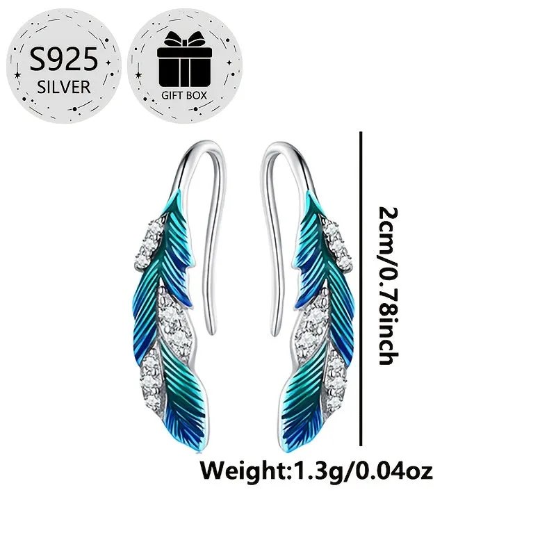 Tribal Style 925 Silver Stud Earrings with Feather Zirconia