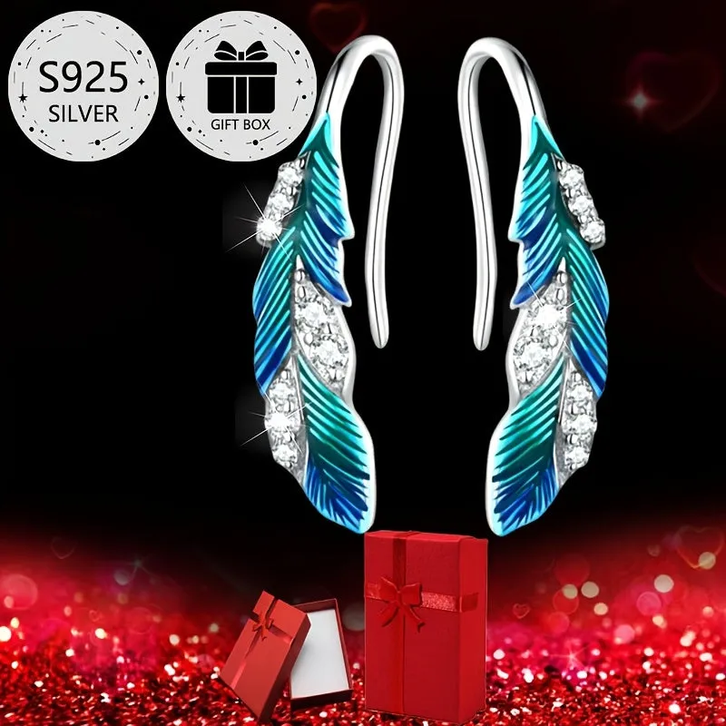 Tribal Style 925 Silver Stud Earrings with Feather Zirconia